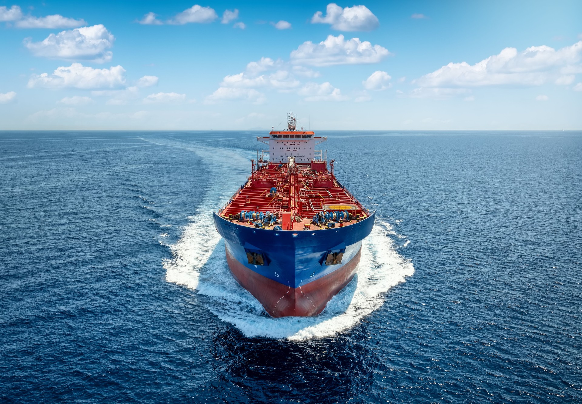 Aerial front view of a heavy crude oil tanker